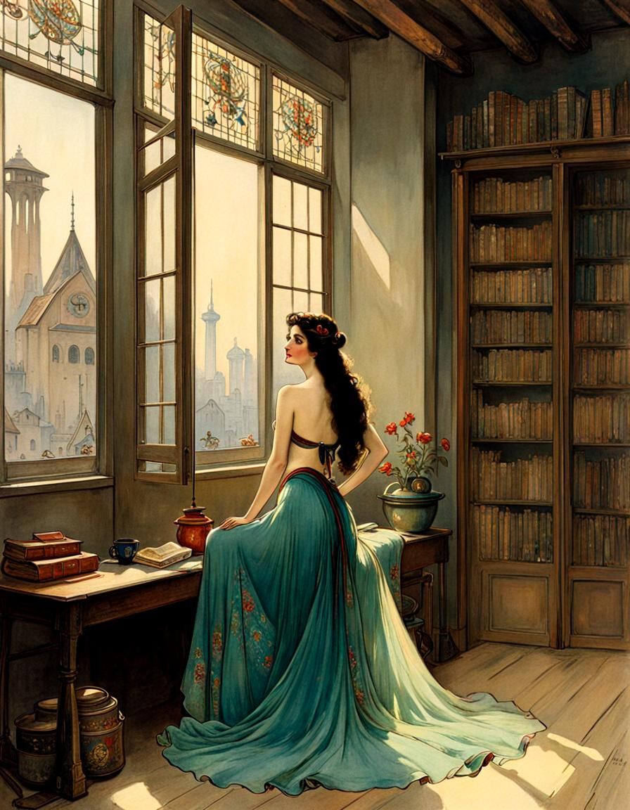 Neo-Hippy Girl in Loft, Warwick Goble Style