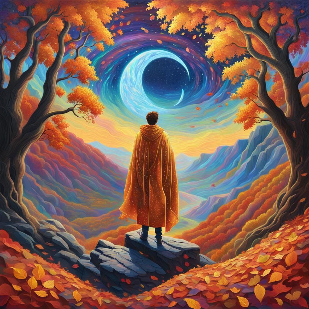 Astral Figure Amidst Autumn Leaves in Triadic Colors