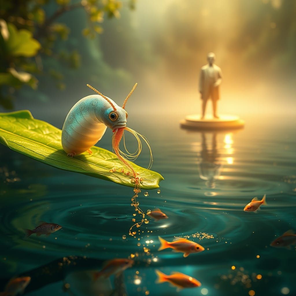 Iridescent Silkworm's Lakeside Meal: Hyper-realistic Matte P...