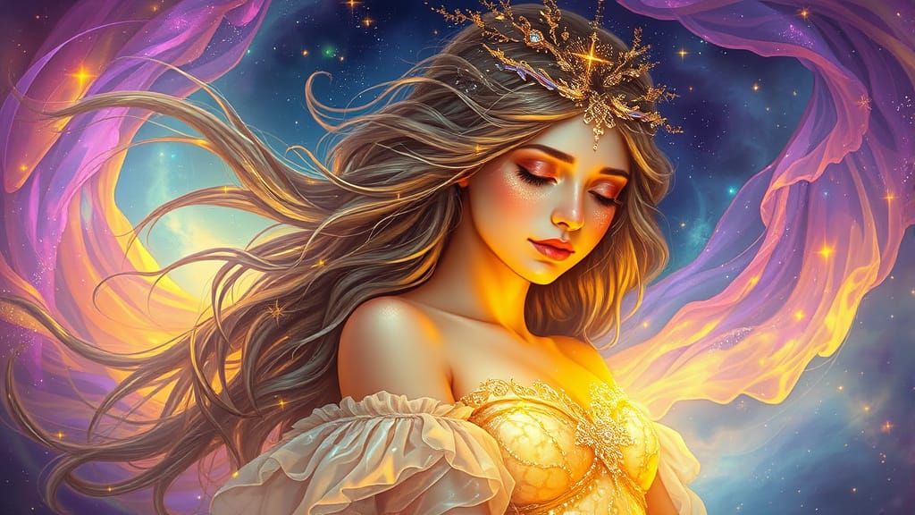 Celestial Goddess Weeping Light in Nebula, Ethereal Art