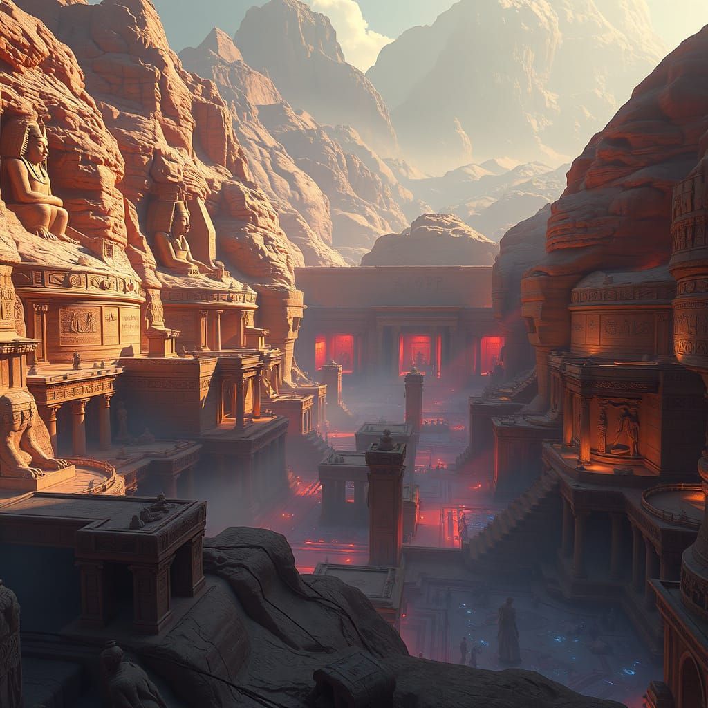 Ancient Egyptian Valley with Intricately Carved Tombs and St...