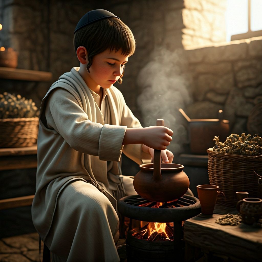 Young Jewish Boy Prepares Tea in Stone Home