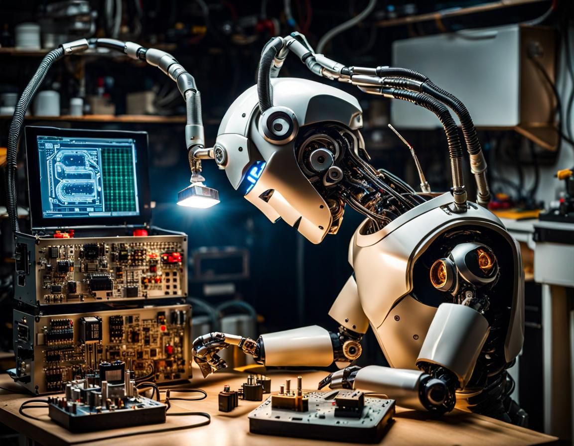 Cyborg Robot Repairs Brain in Futuristic Garage