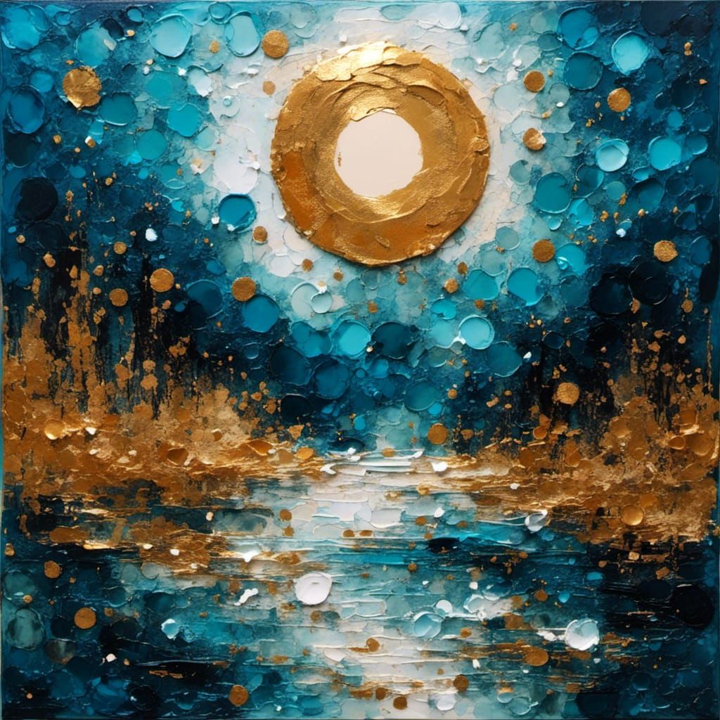 Abstract Portrait with Golden Moon in Encaustic Impasto Styl...