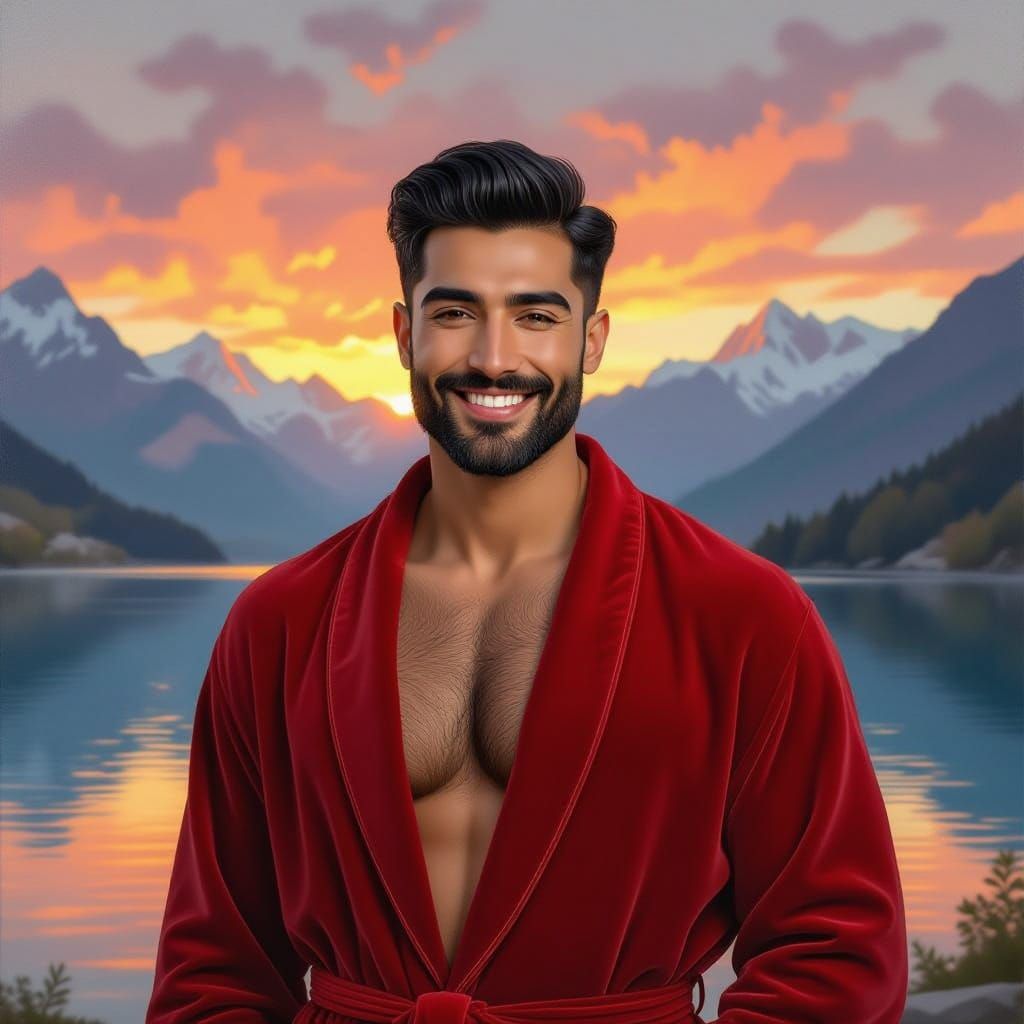 Handsome Man by Misty Mountain Lake at Sunset