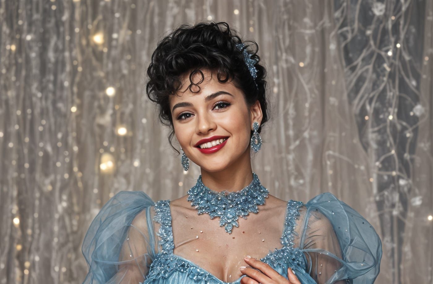 Hispanic Woman in Blue Tulle 1980s Dress