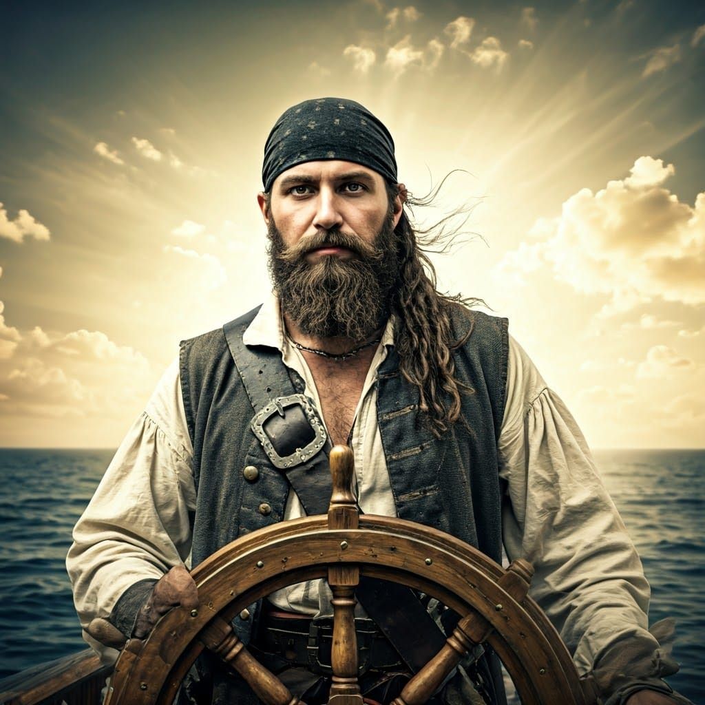 Pirate in Majestic Sailing Ship, Warm Ethereal Glow
