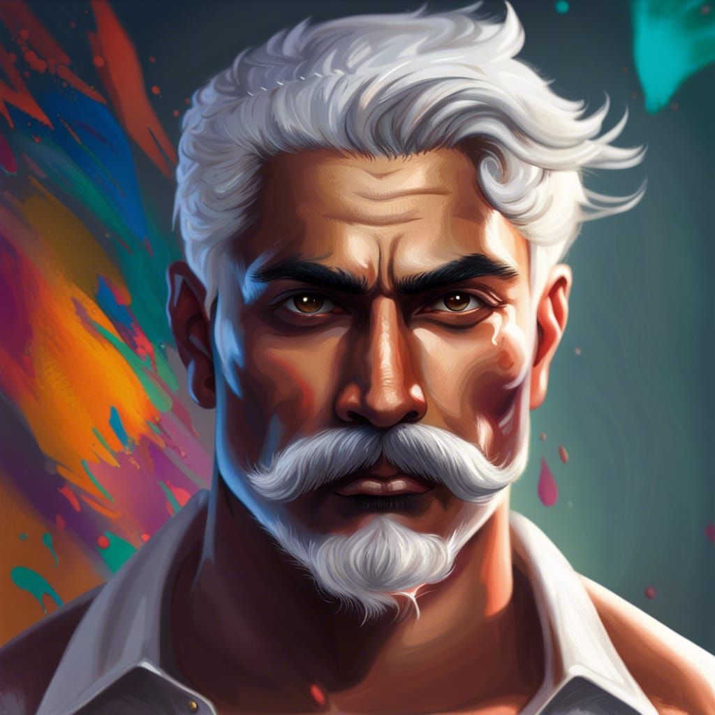 Handsome South Asian Man with White Hair, Hyperrealistic