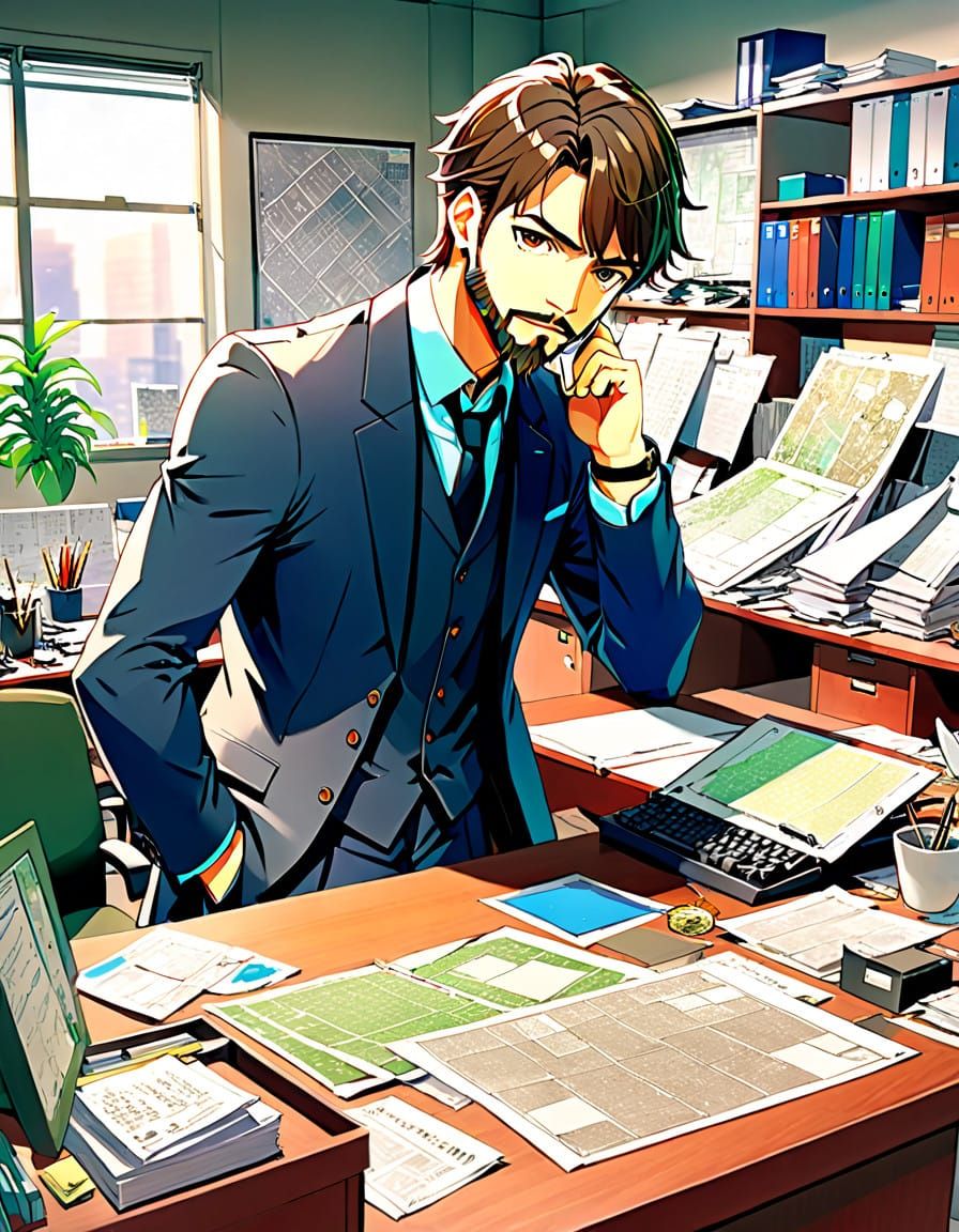 Handsome Detective in Cluttered Office, Anime Style