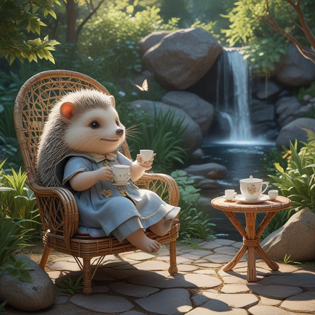 Happy Hedgehog Girl Enjoys Tea in Sunny Garden