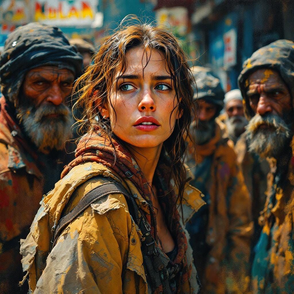 Apprehensive Woman Surrounded by Men: Hyperrealistic Impress...