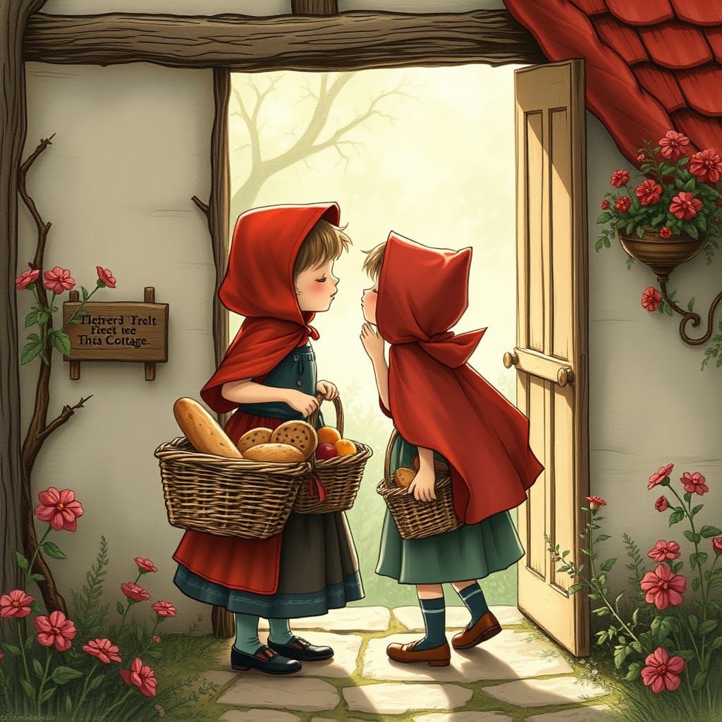 Little Red Riding Hood in Whimsical Cottage Setting
