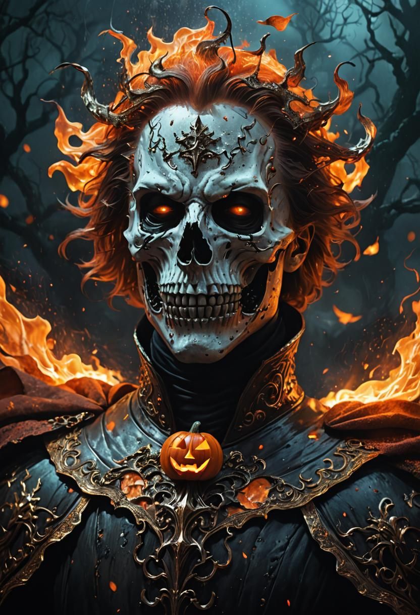 Headless Horseman with Jack-o'-Lantern Head in Dark Art Styl...