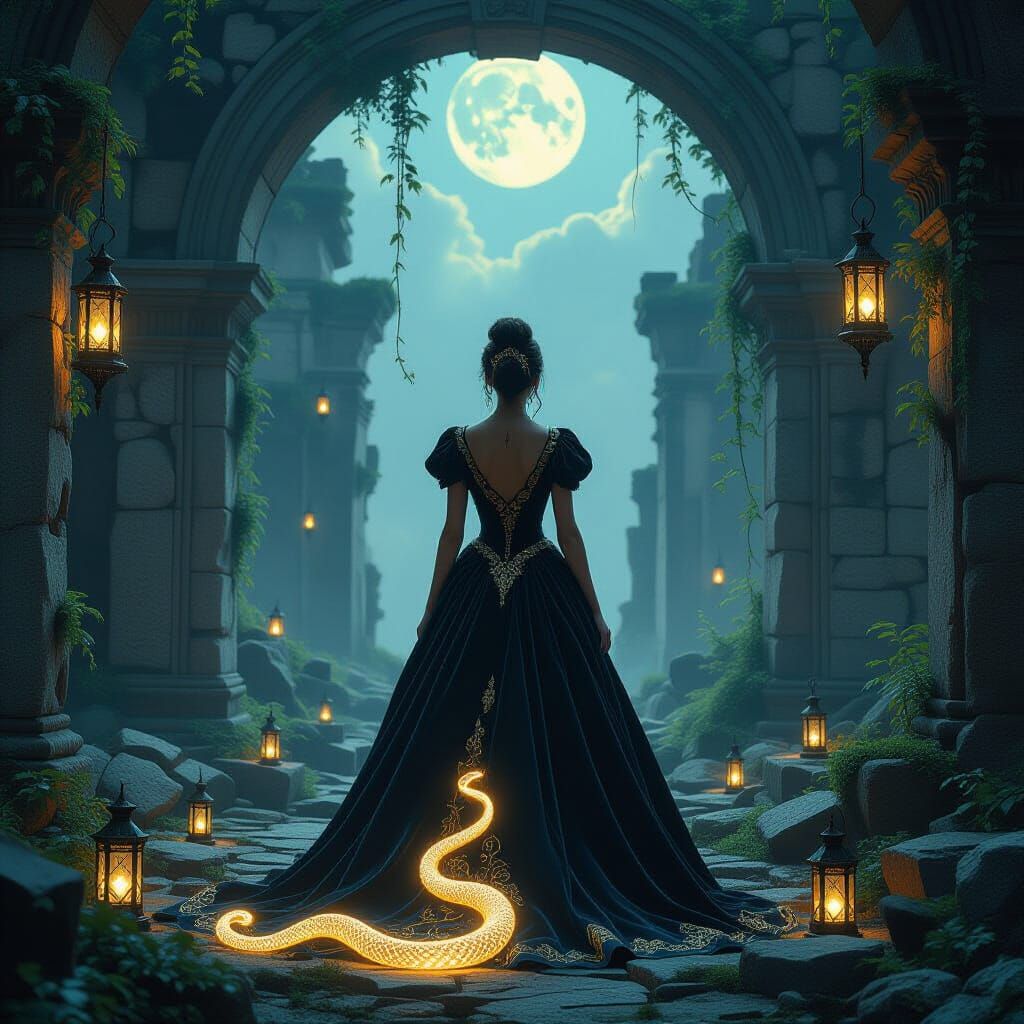 Ethereal Serpent and Regal Woman in Ruins