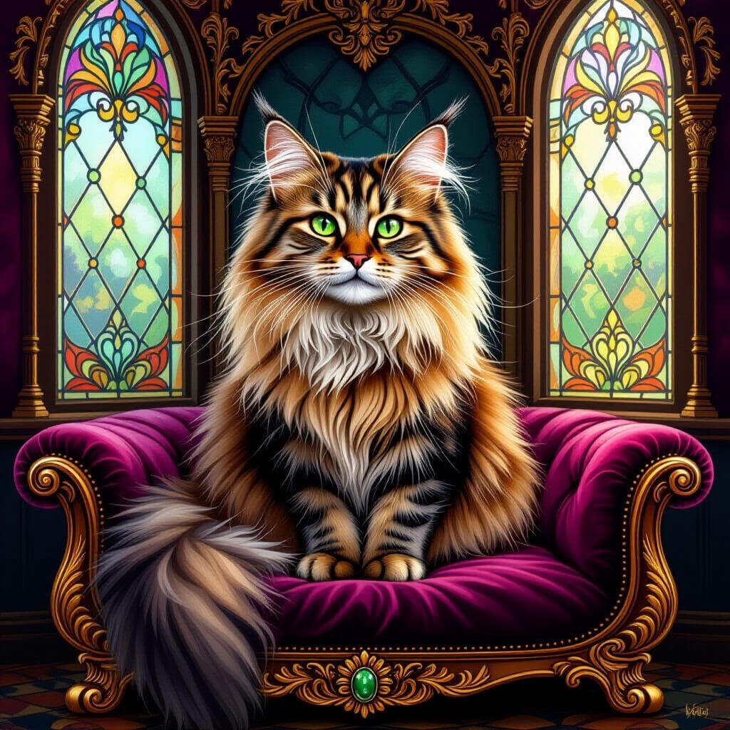 Long-Haired Cat on Velvet Cushion in Ornate Catbox