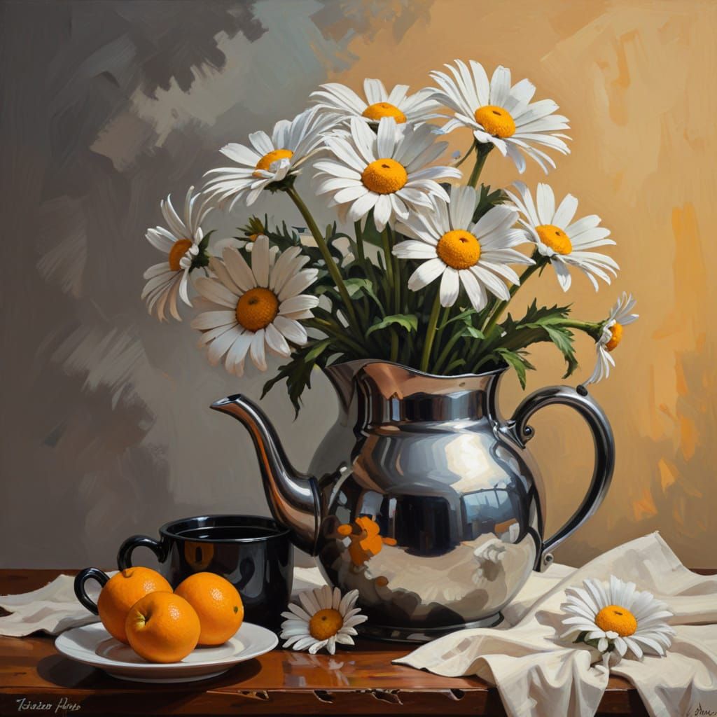 Daisies in Pewter Coffee Pot, Impasto Painting