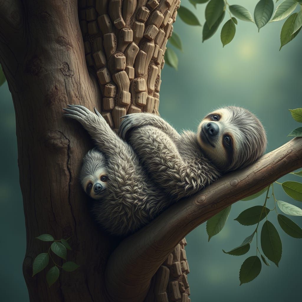 Motherly Sloth Bond in a Lush Tree Canopy