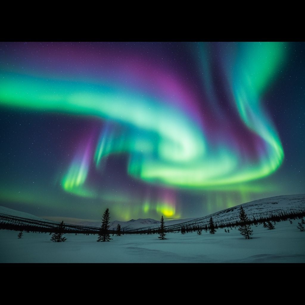 Vibrant Aurora Borealis Over Snowy Mountain Landscape