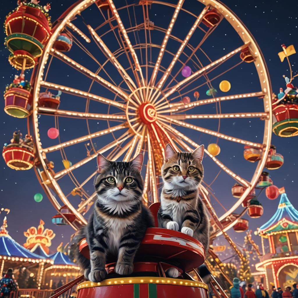 Christmas Cats on Ferris Wheel: Hyper-Realistic Amusement Pa...