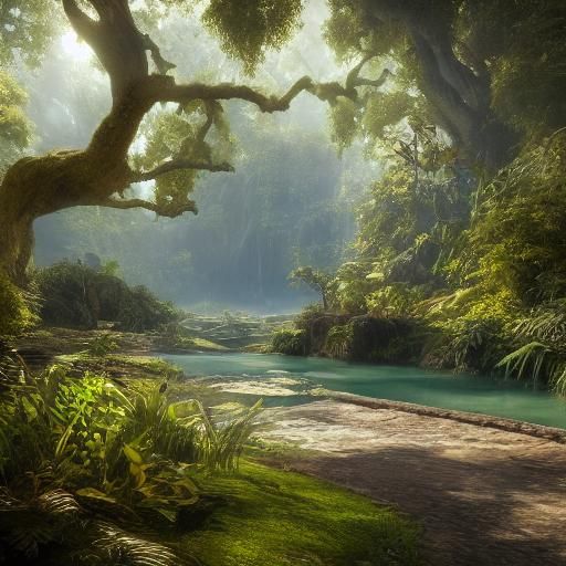 Panoramic River Scene with Ancient Ruins