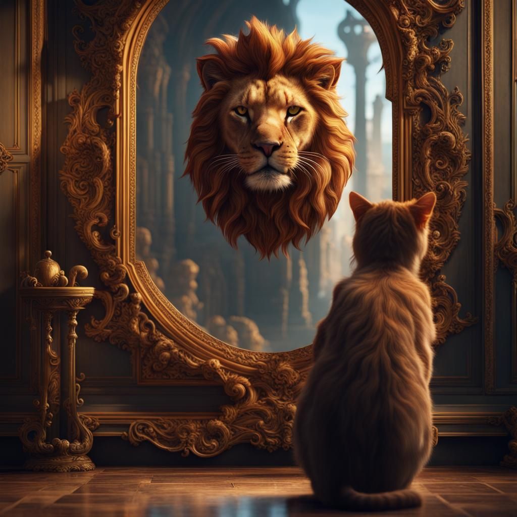 Cat Imagines Lion Reflection: Fantasy Concept Art