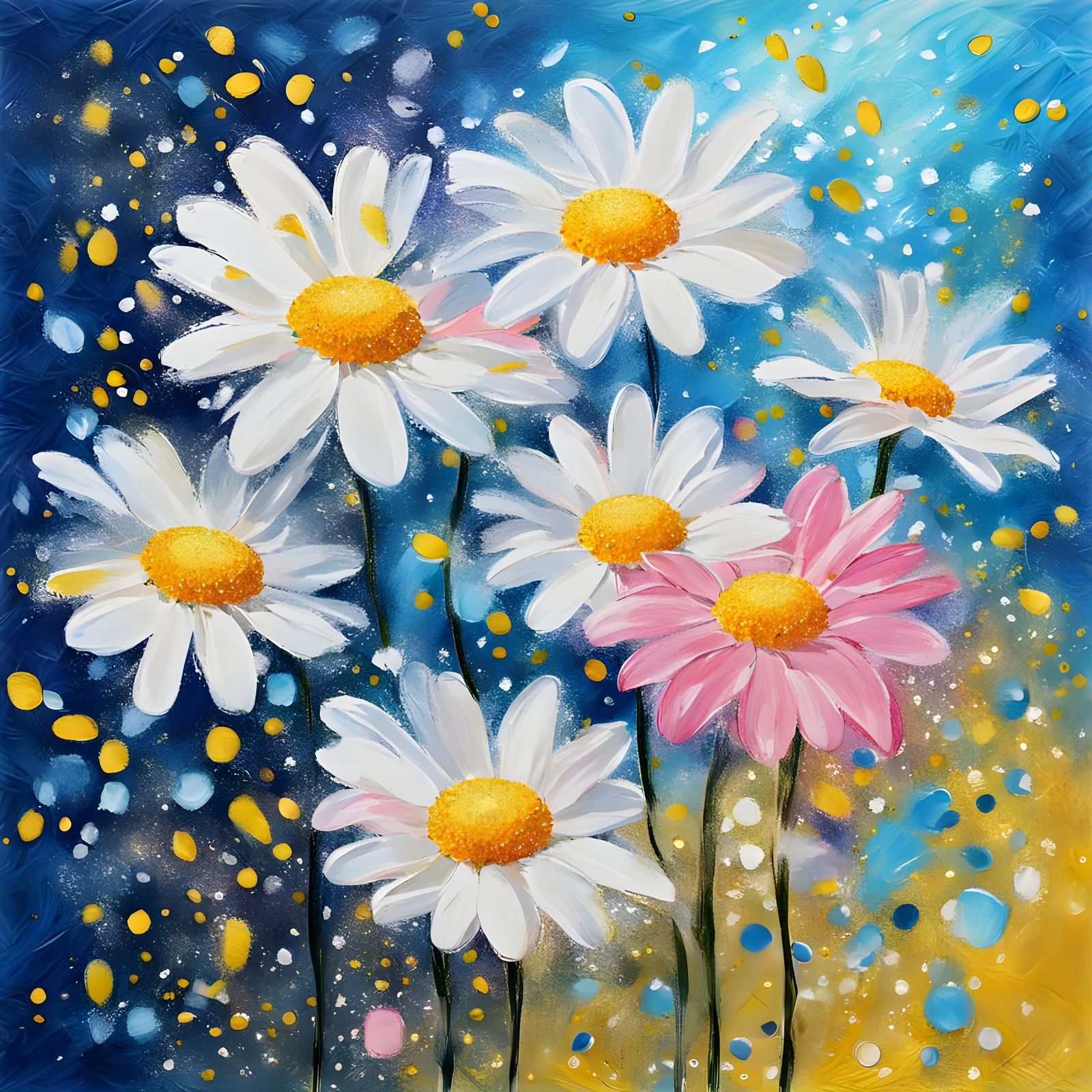 Vibrant Daisies in Glittering Blue Background