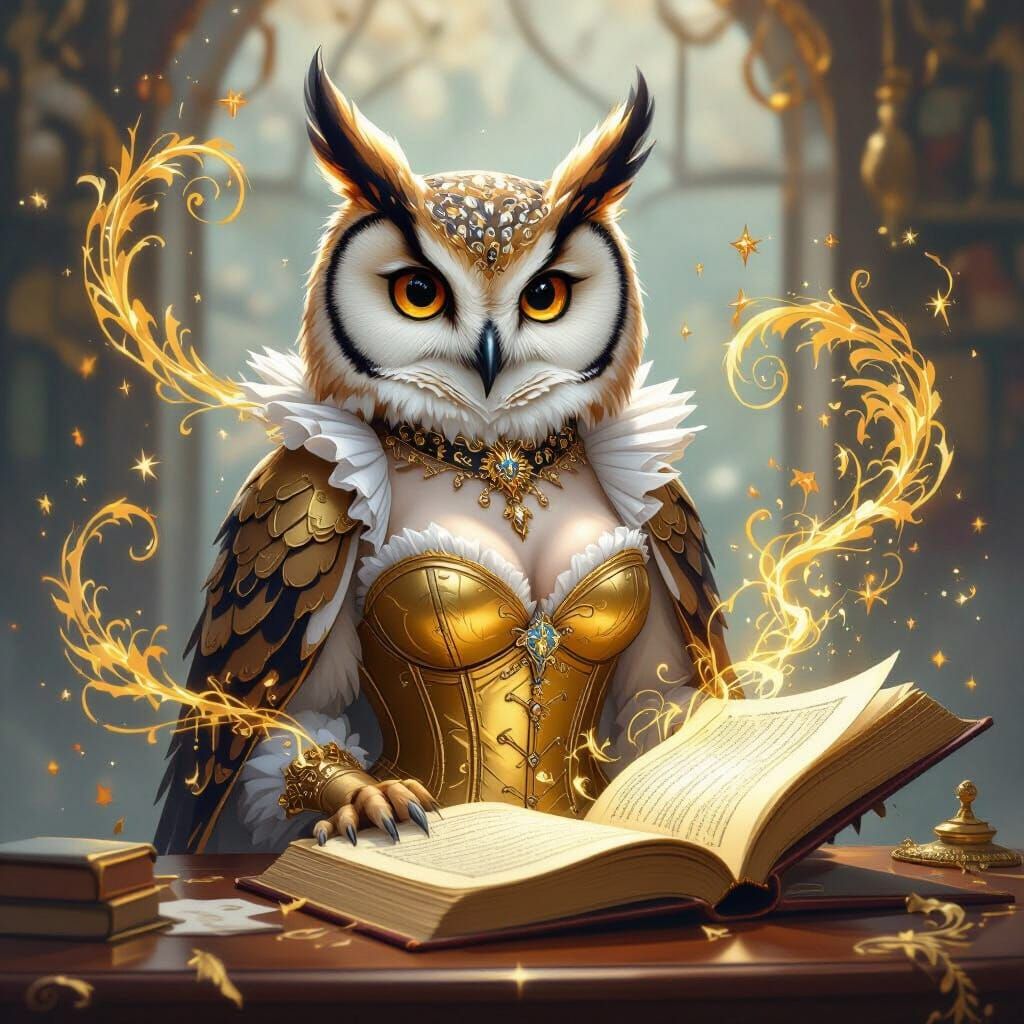 Ethereal Owl in Magical Study as Digital Illustration