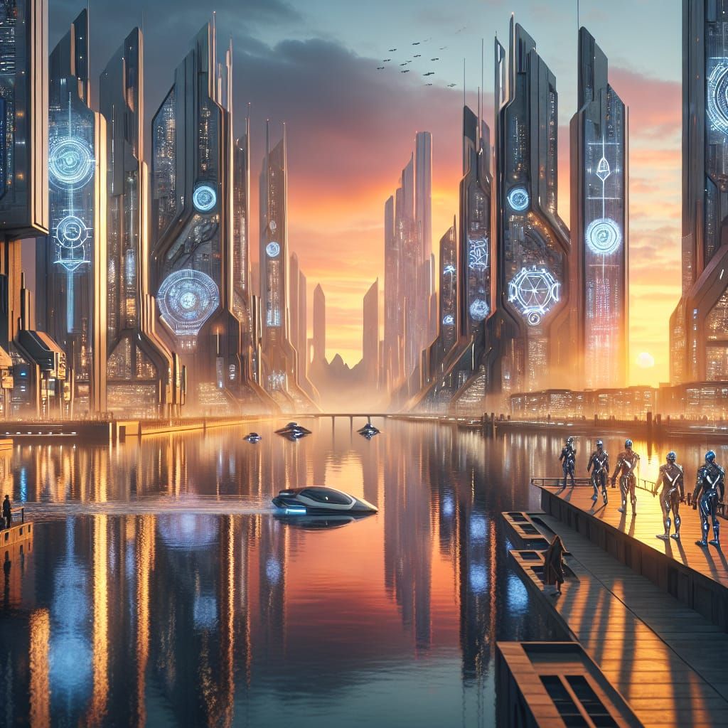 Ethereal Futuristic Cityscape at Sunset with Advanced Tech a...