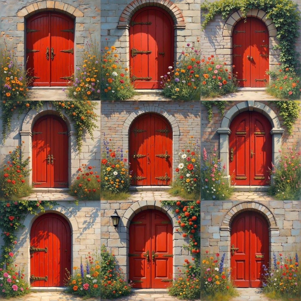 Arched Red Door with Wildflowers: Oil Painting
