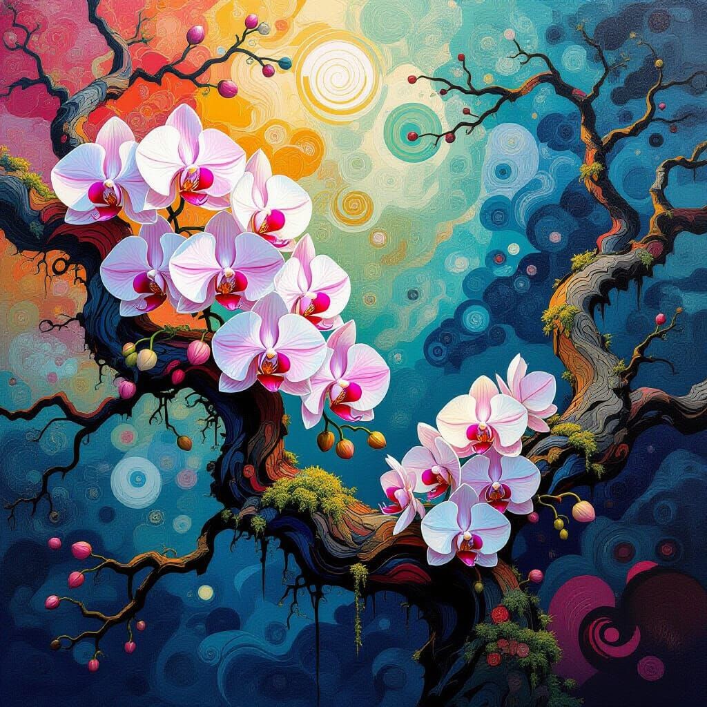 Orchids and Ball Moss in an Abstract Swirl