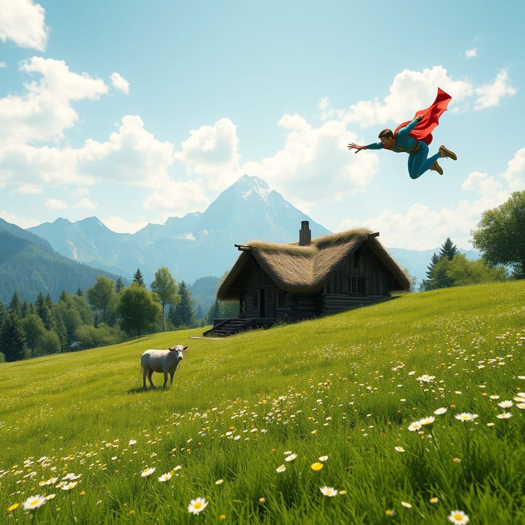 Serene Green Meadow with Charming Cottage and Majestic Mount...