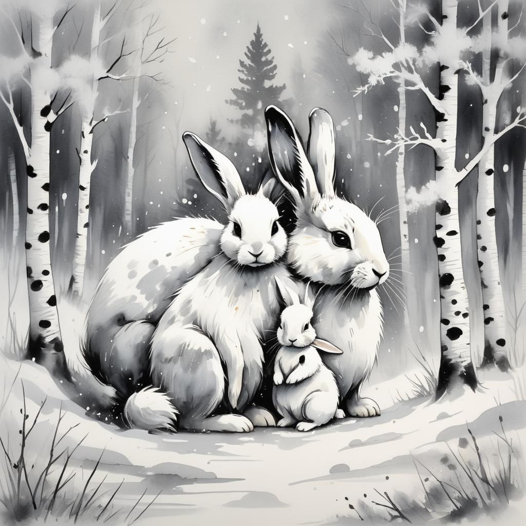 Ink Illustration: Mother and Baby Rabbits in Snow