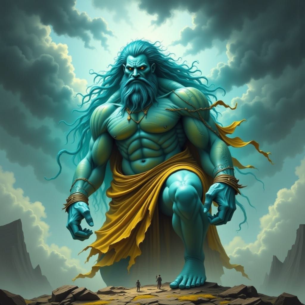 Turquoise God in Stormy Sky, Fantasy Art