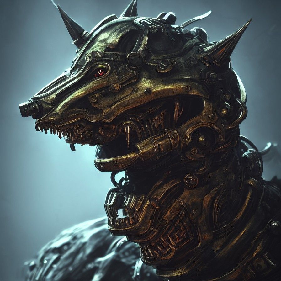 Steampunk Demon Dog Mask in Sci-Fi Landscape