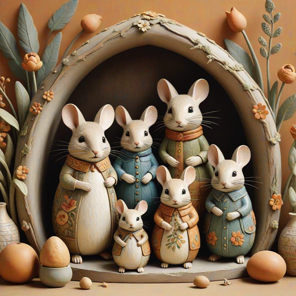 Whimsical Mouse Family in Cozy Golden Burrow