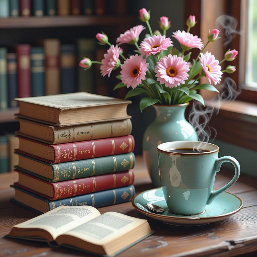 Hyperrealistic Comic Book Still Life with Books and Coffee