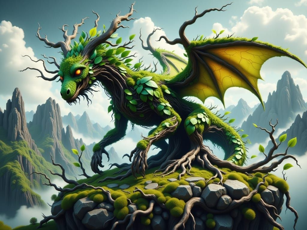 Leaf Dragon Soaring Over Mountain Peak