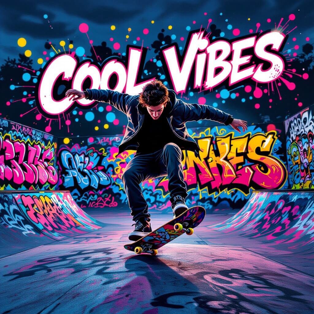 Skateboarder Performs Epic Trick in Graffiti Skate Park