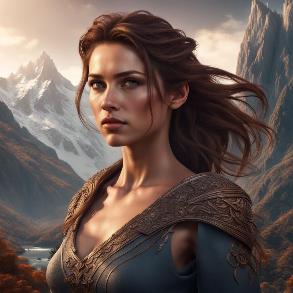 Brown-Haired Woman in Mountain Landscape: Fantasy Art
