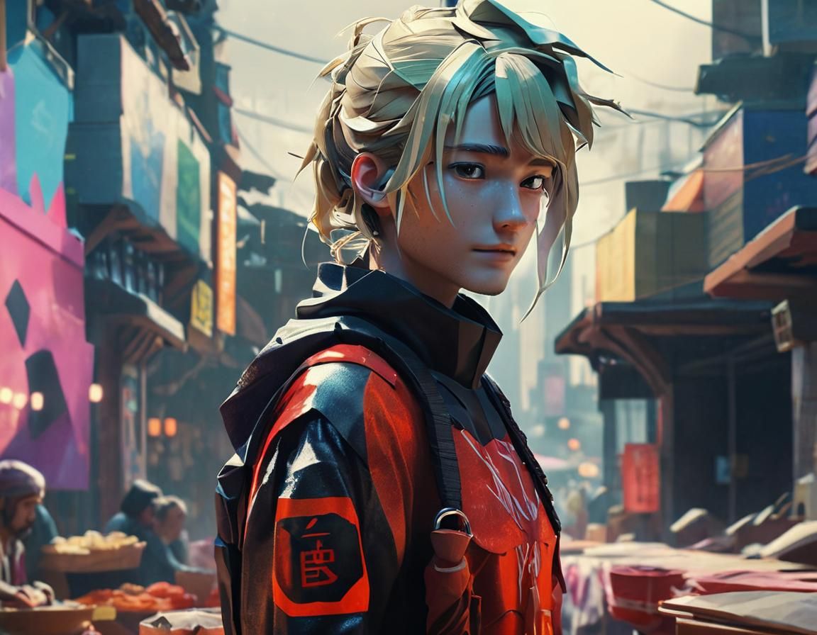 Dystopian Market Scene in 3D Anime Style