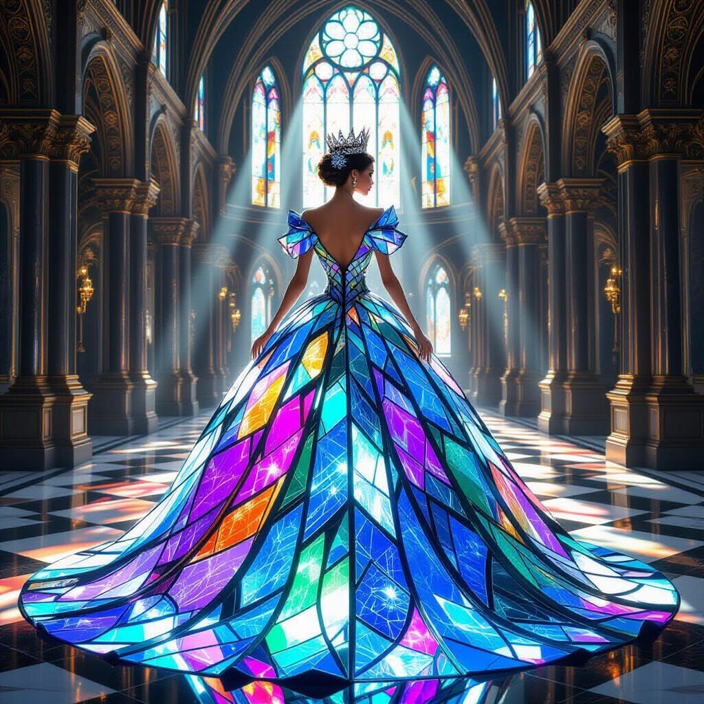 Regal Queen in Gothic Hall Wearing Iridescent Glass Gown