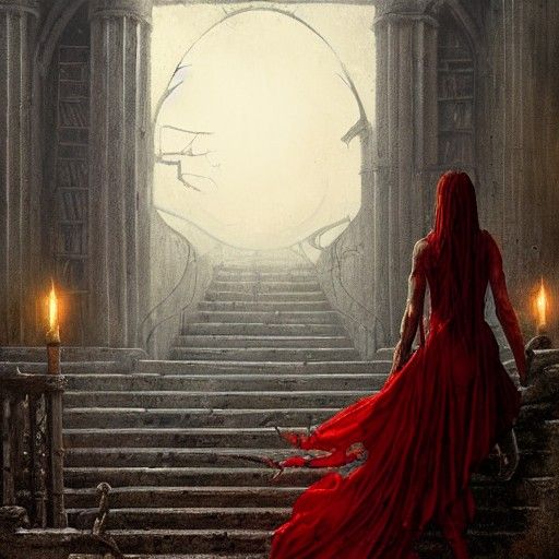 Girl in Ruined Library Watched by Skull