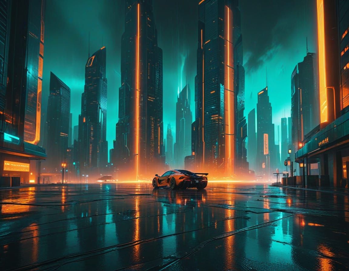 Vibrant Futuristic Cityscape in Orange and Teal