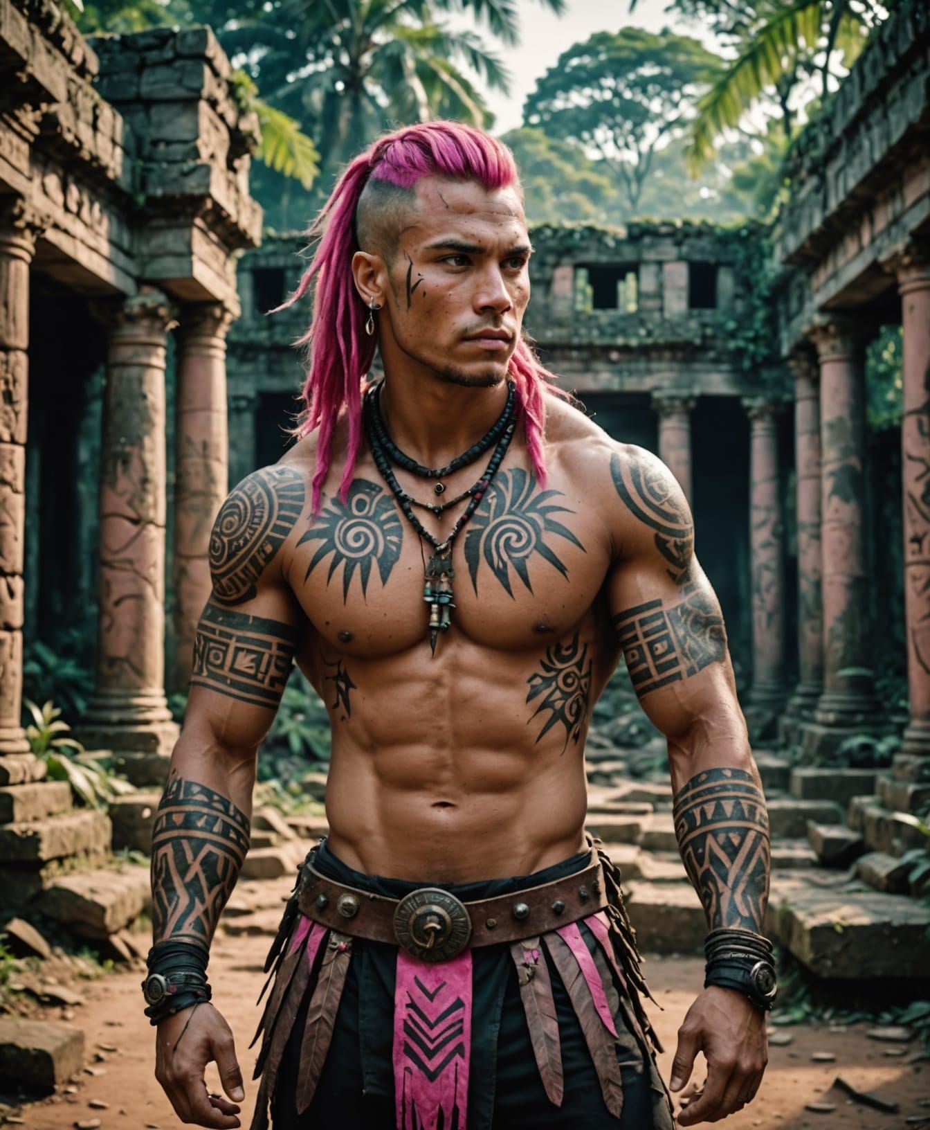 Tribal Warrior in Ancient Jungle Ruins