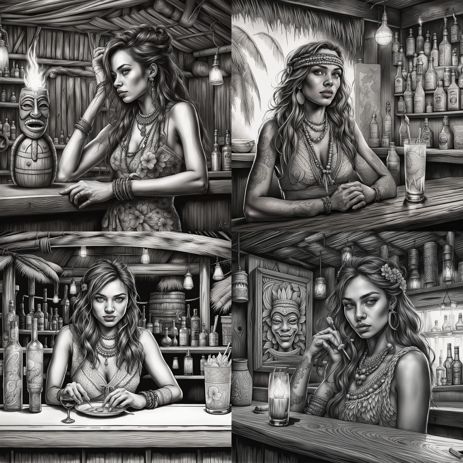 Hula Girl at Tiki Bar: Adult Coloring Book Style