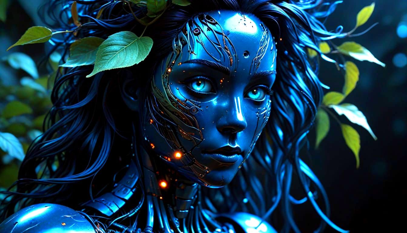 Cyborg with Leaf Hair in Ghibli Fairytale Style