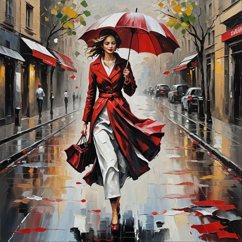 Woman with Red Umbrella in Fluid Impressionist Style