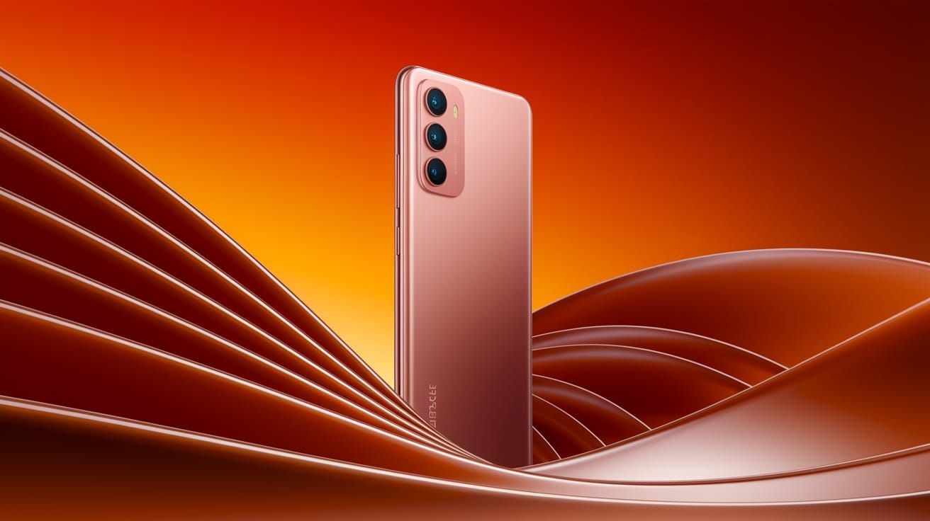 Rose Gold Smartphone Against Orange Wave Background in 3D