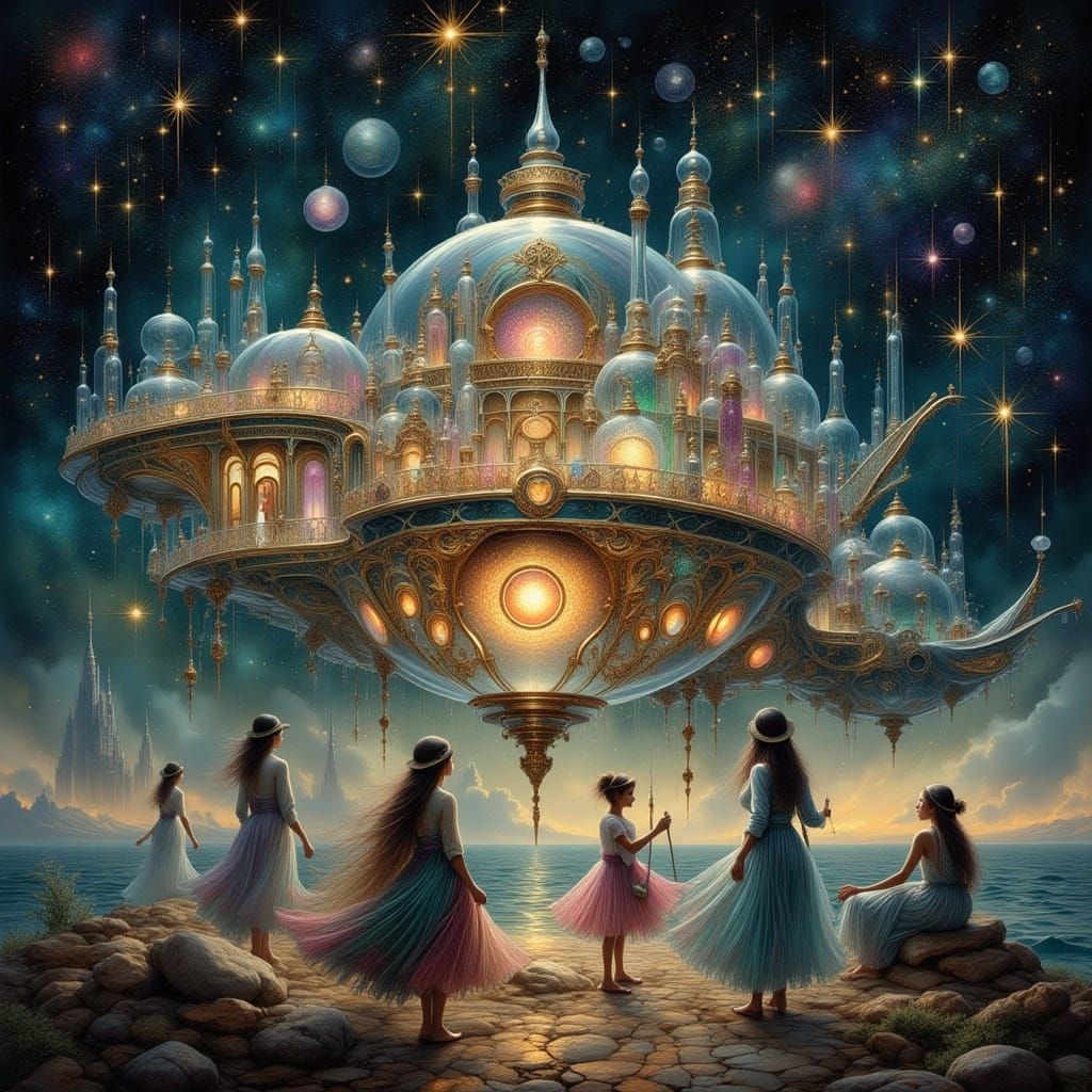 Ethereal Spaceship with Witchy Women in Cosmic Scene
