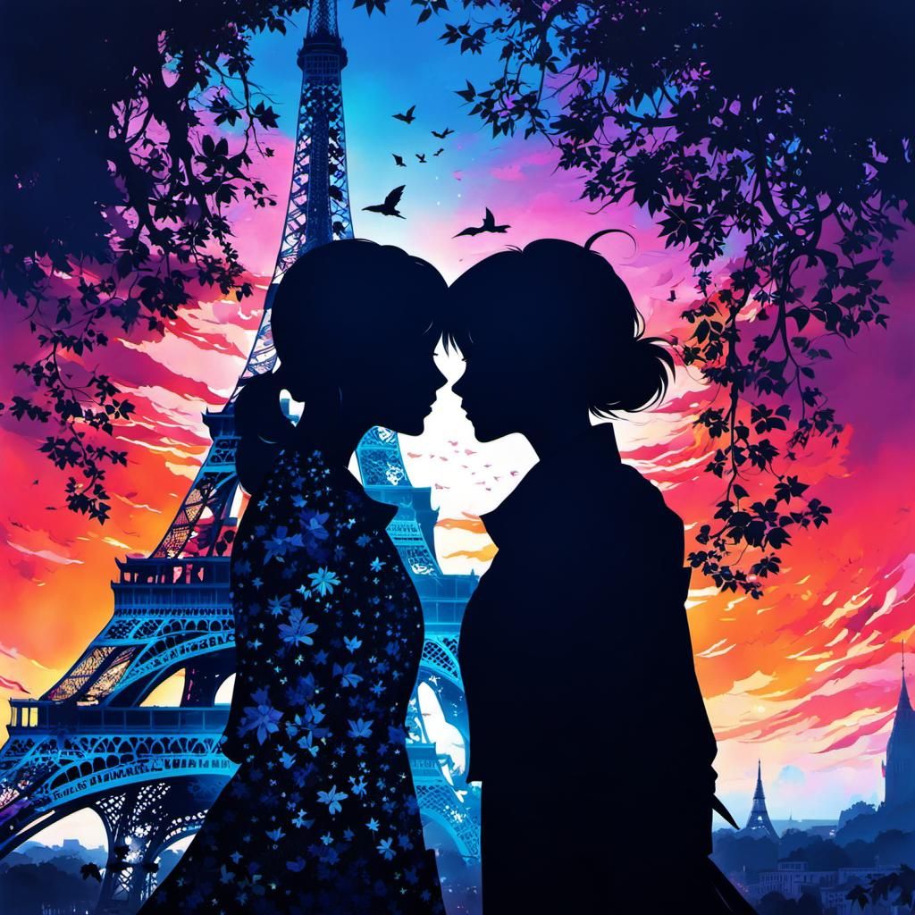 Romantic Paris Double Exposure in Anime Style